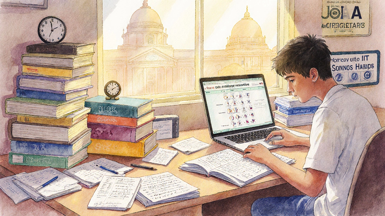 Aspirant studying with books, notes, and mock test screen, visualizing IIT path.