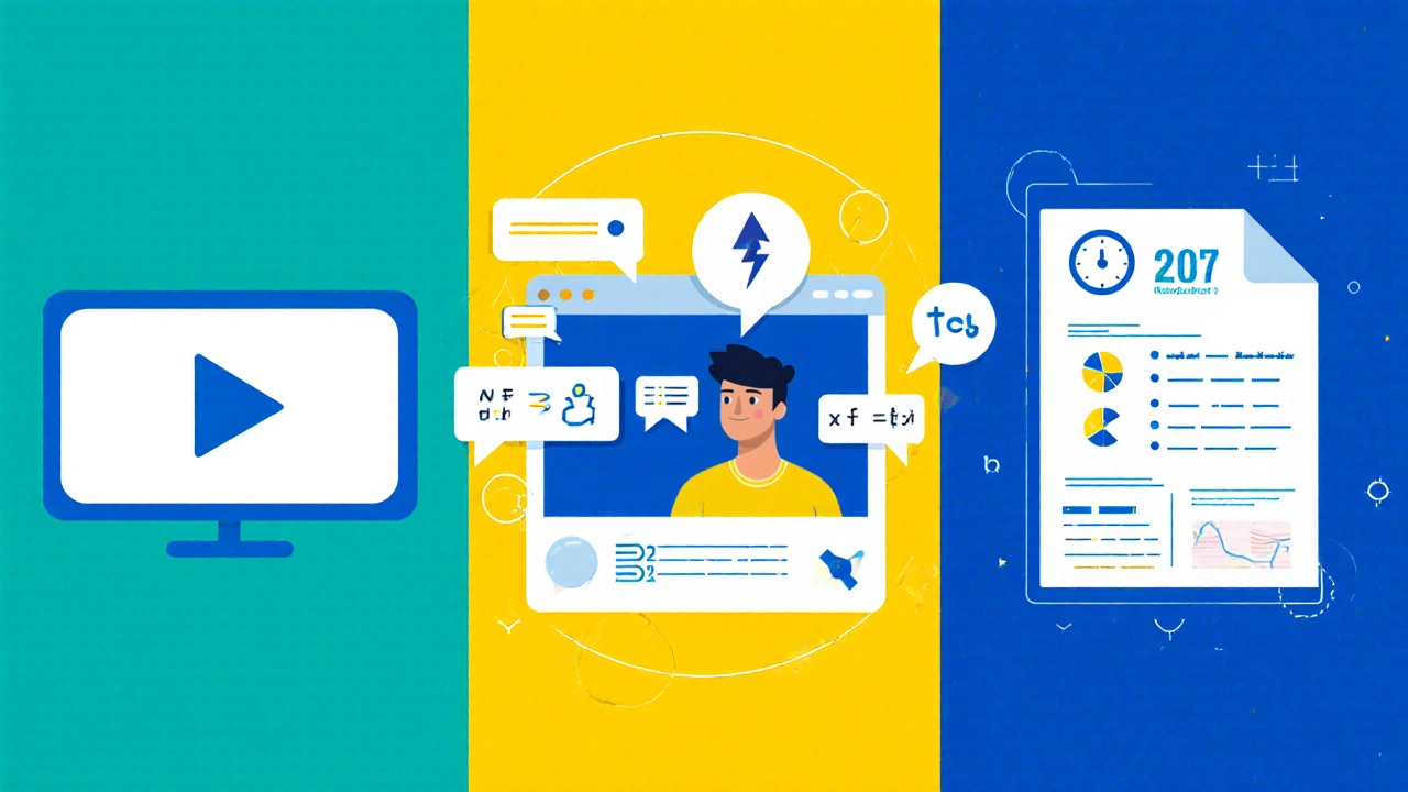 Collage illustration showing a micro‑concept video, live chat marathon, and shortcut sheet with mock test analytics.