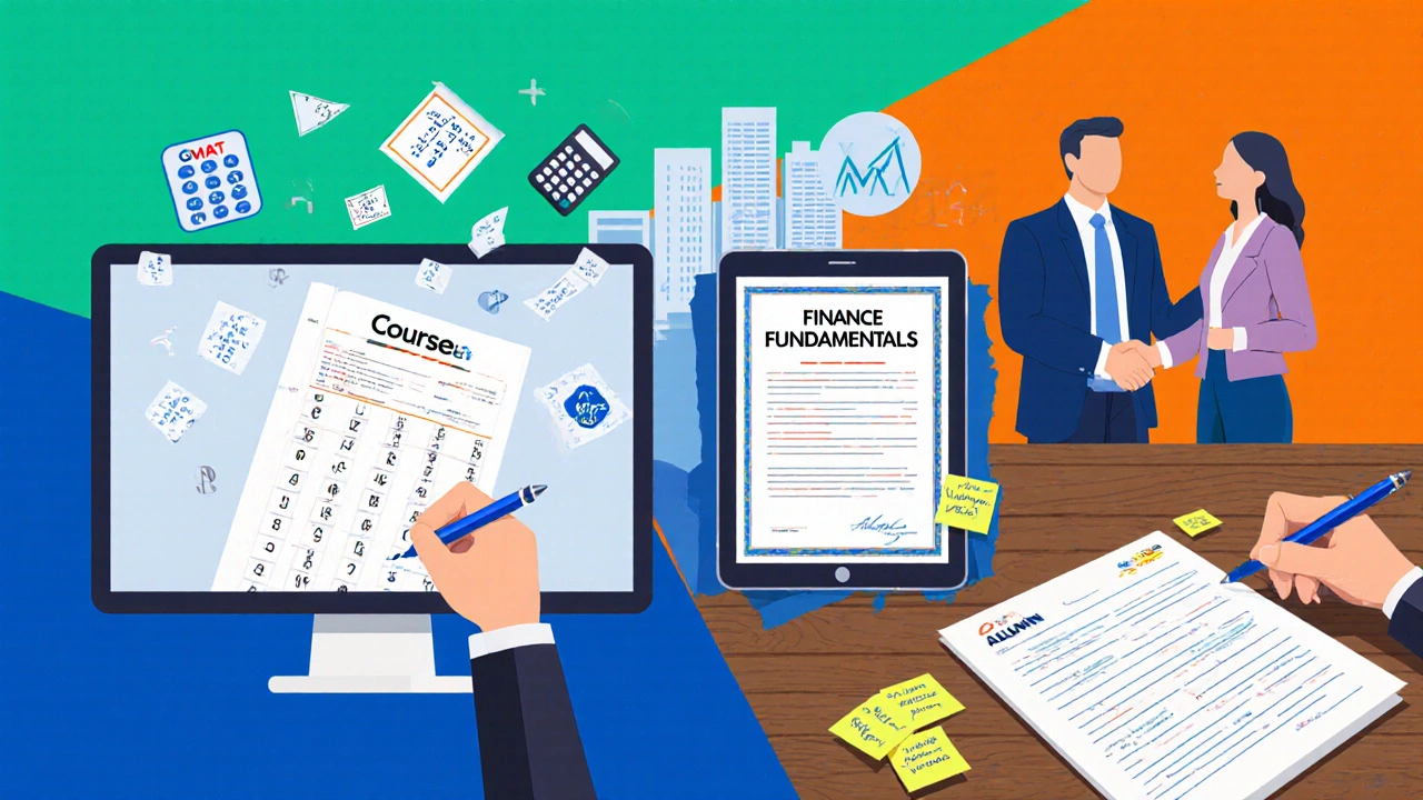 Collage of GMAT test screen, online finance certificate, alumni handshake, and essay draft.