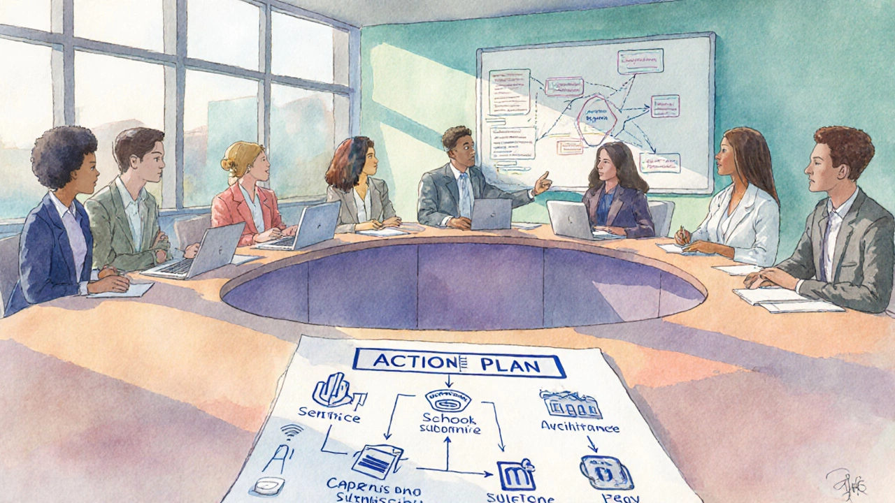 Diverse MBA class discussing around a table with a roadmap of application steps.