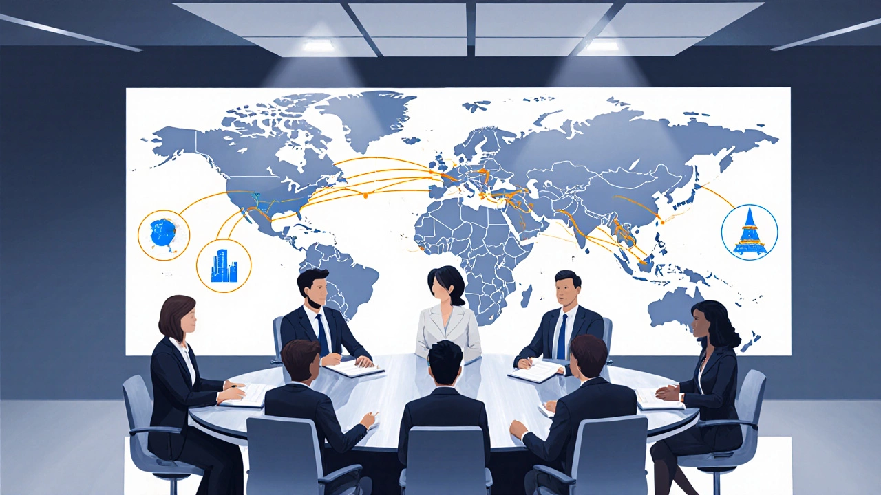Diverse senior leaders gathered around a table with world map backdrop during an EMBA residency.