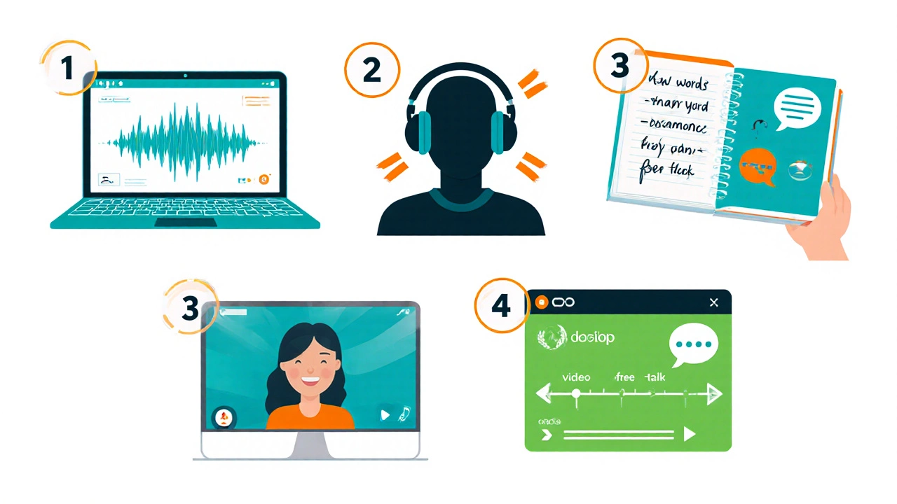 Flat‑style collage showing podcast listening, shadowing, vocab notebook, video‑call exchange, and free‑talk recording.