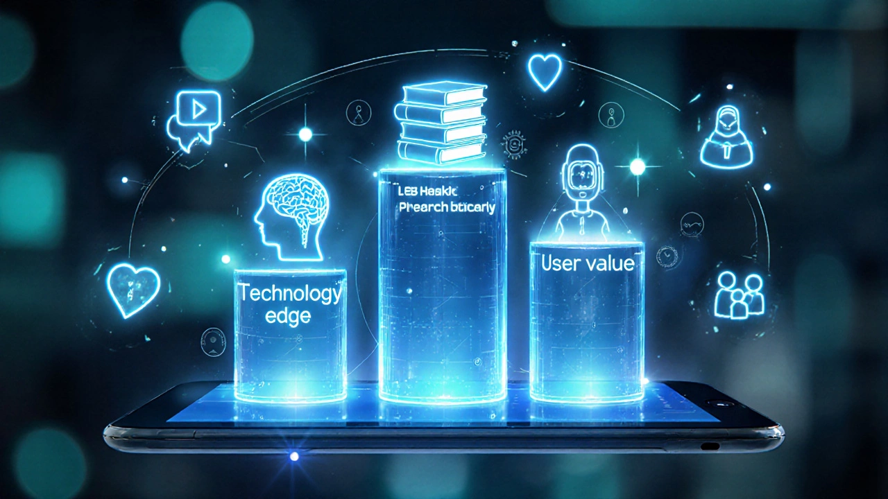 Floating tablet with three glowing pillars representing content, technology, and value.
