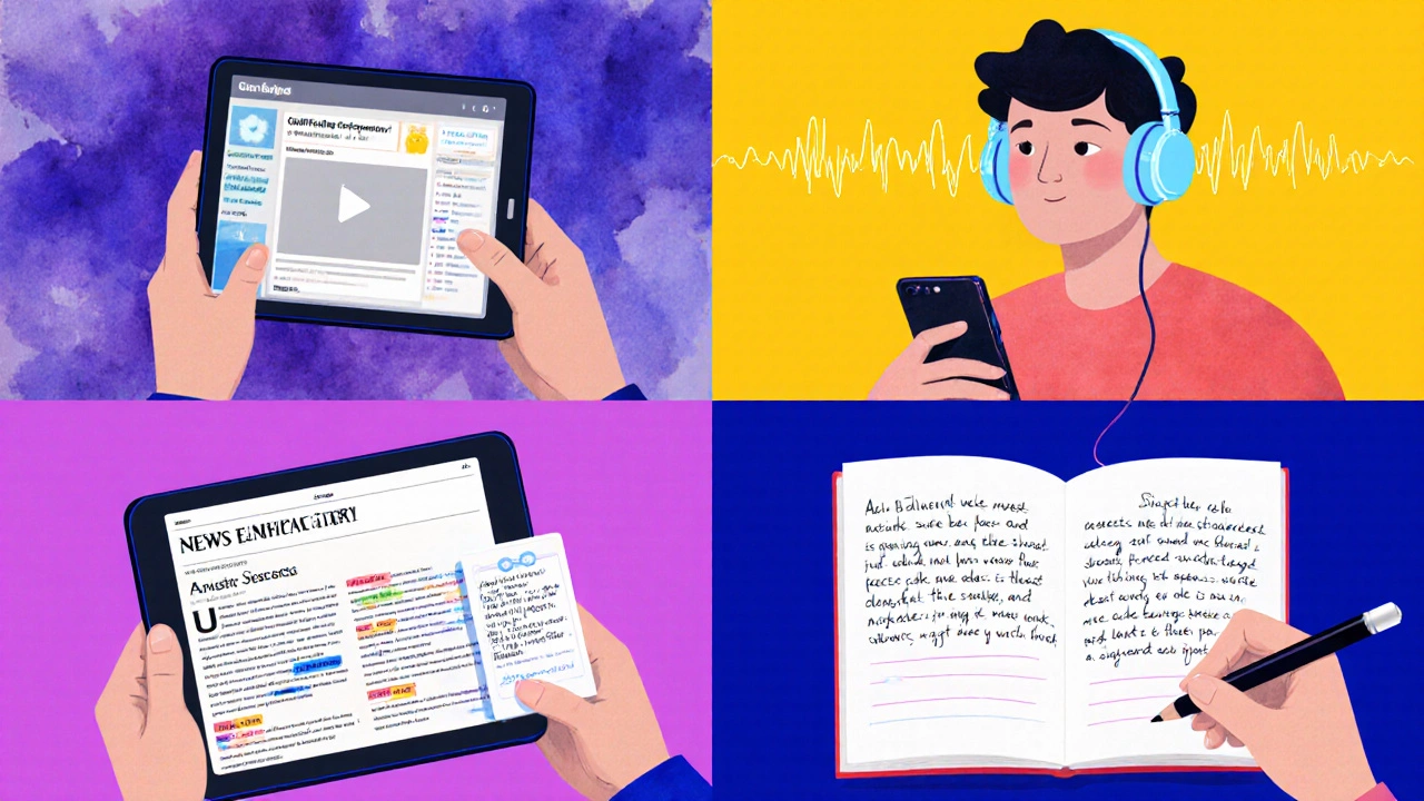 Four‑panel illustration of listening, speaking, reading, and writing English skills.