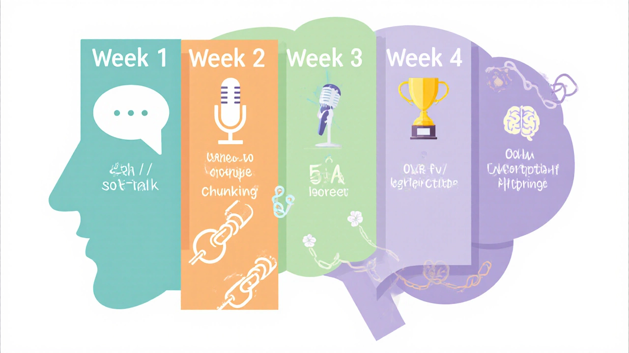 Four-panel illustration showing weekly language practice steps with icons and a brightening brain background.