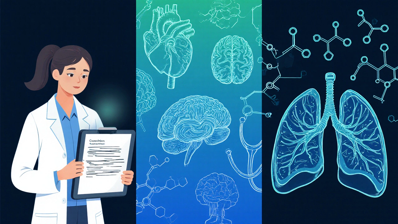 Illustrated split‑screen of a medical student reviewing a case with anatomy drawings and chemical symbols.