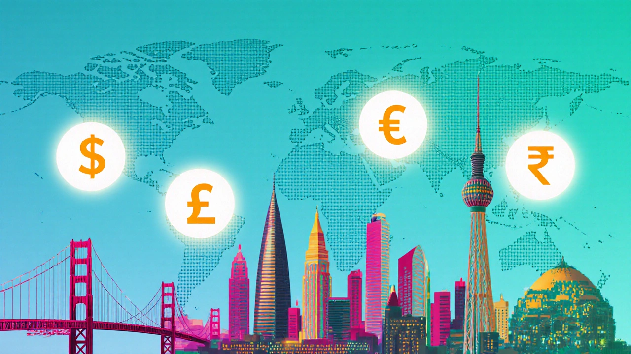 Illustrated world map with four city skylines and floating salary icons representing different regions.