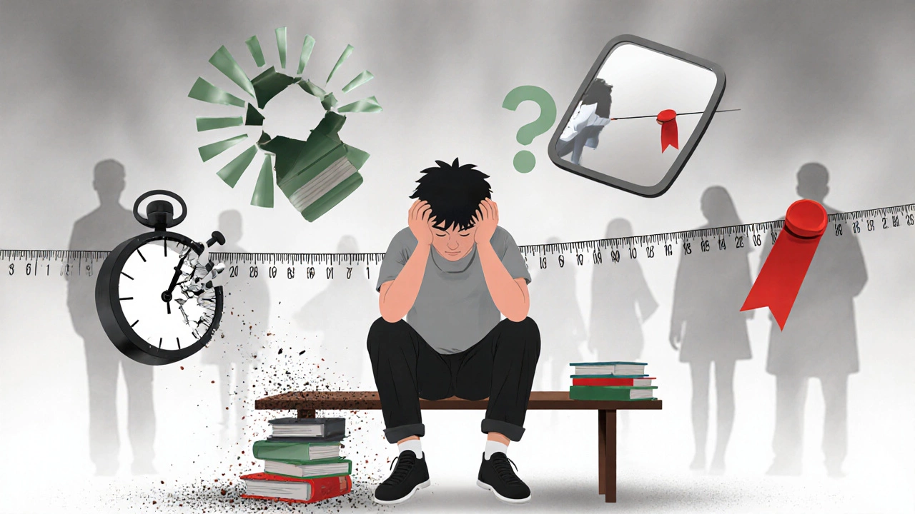 Illustration of burnout with crumbling books, shattered clock, cracked mirror, and tight‑rope.
