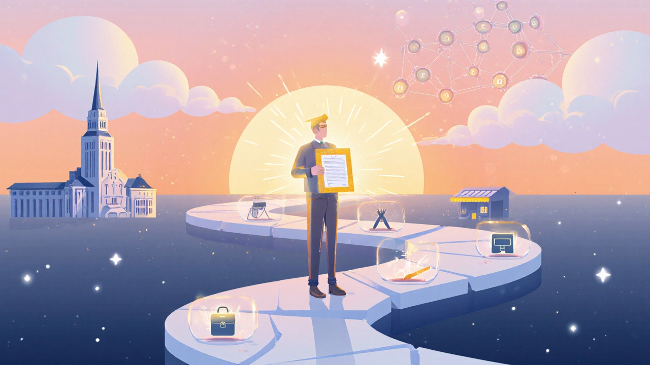 Learner holding a glowing certificate on a path of platform symbols, sunrise in the background.