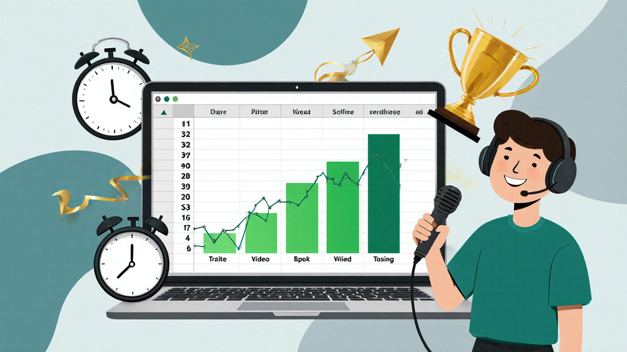 Mixed‑media image of a laptop spreadsheet, rising graph, trophy, and learner celebrating a speech.