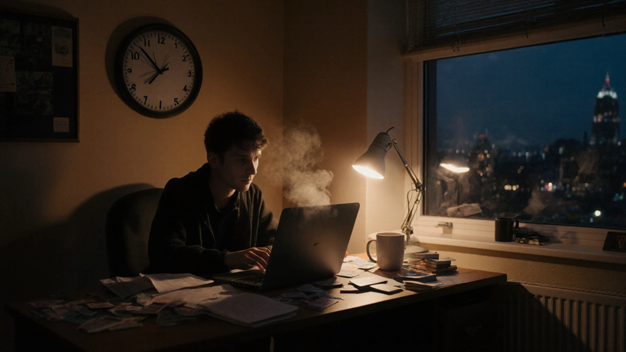 Night‑time study scene with a student, laptop, coffee, and a 2 am clock in a dimly lit room.
