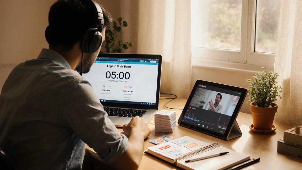 Person at a desk practicing English with headphones, flashcards, and a TED Talk on a laptop.