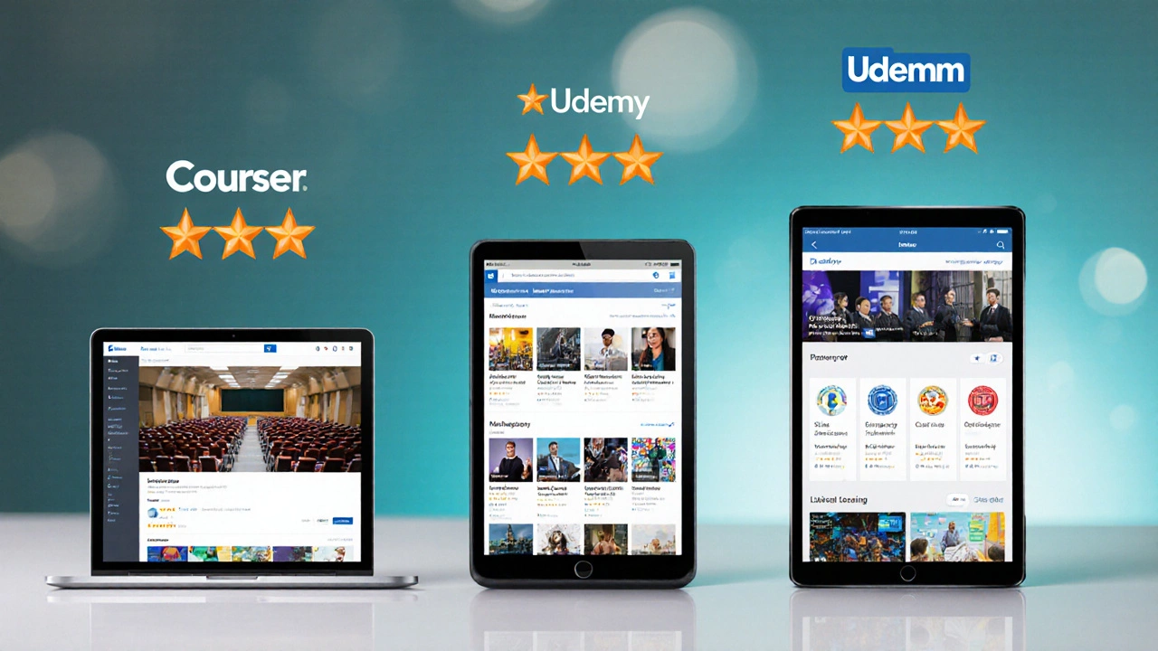 Side‑by‑side view of laptop, tablet, and phone showing distinct platform interfaces with star rating icons.