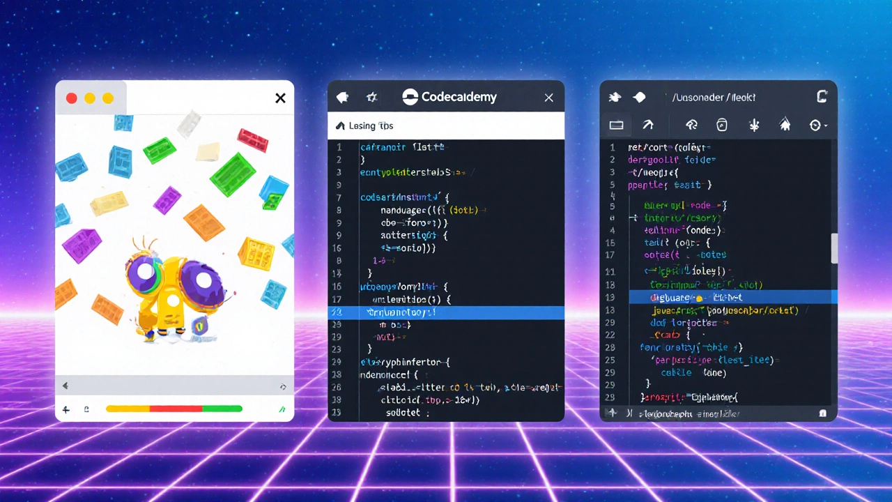 Split-screen view of Scratch blocks, Codecademy code editor, and Replit IDE.