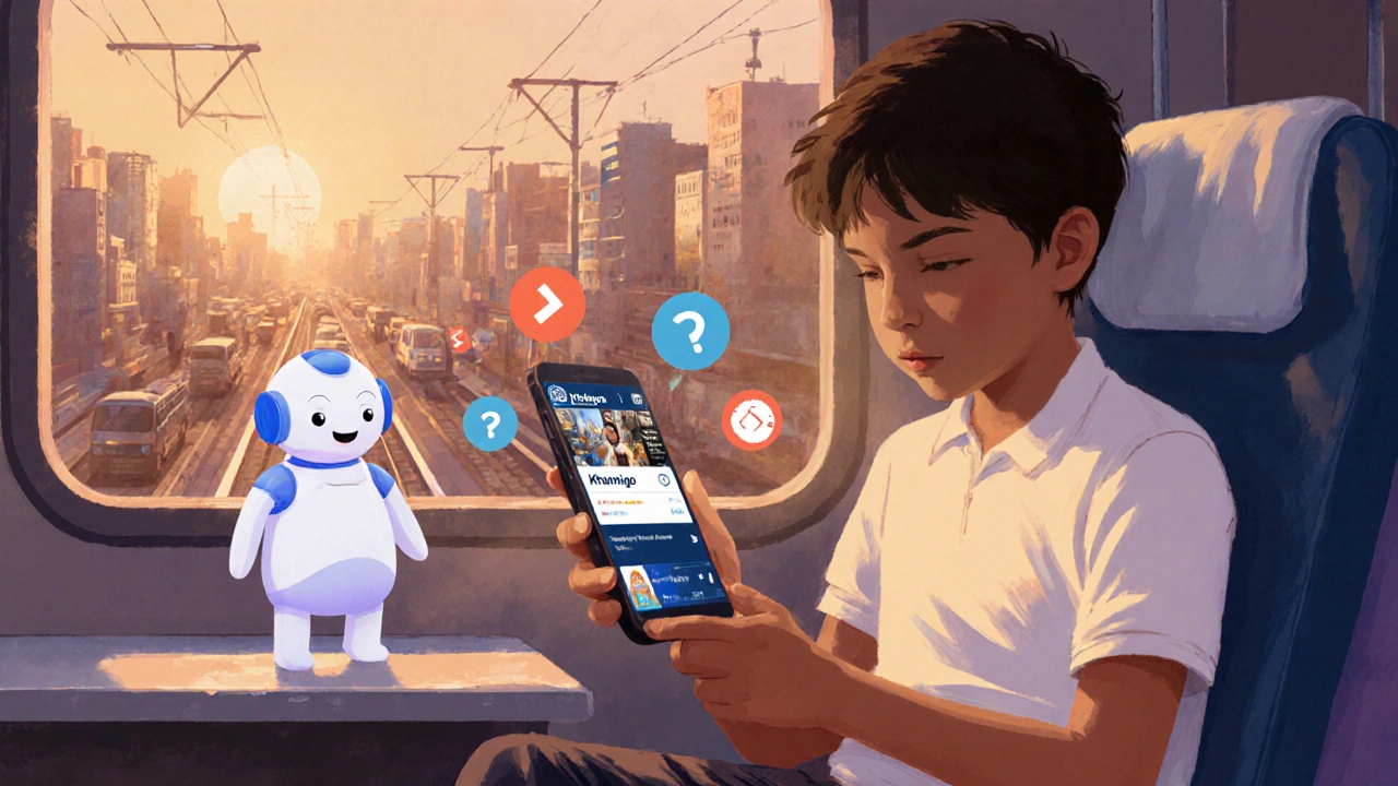 Student on a train using Khan Academy offline, aided by a friendly AI hologram.