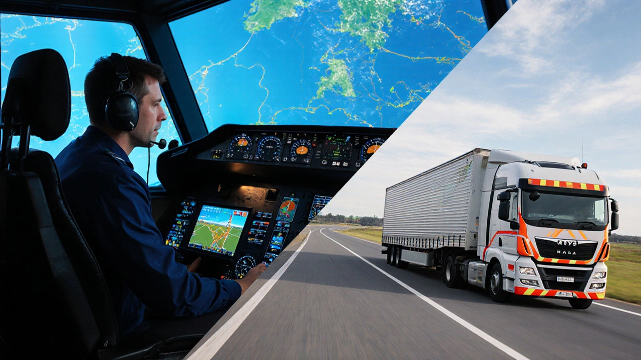 Trainee in flight simulator and HGV on test track, merging sky and highway scene.