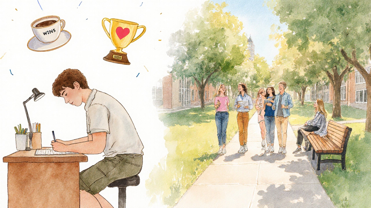 Watercolor of a student studying, then walking outdoors, and sharing notes with friends.