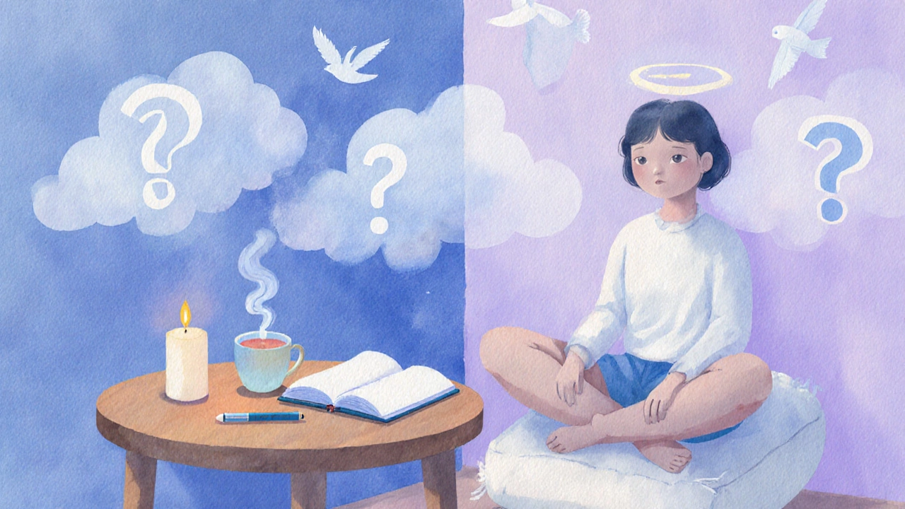 Watercolor study nook with tea, notebook, and a calm person practicing mindfulness.